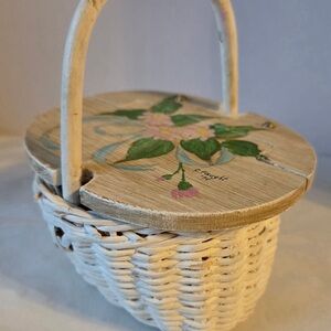 Vintage Hand Painted Wicker Basket With Lid